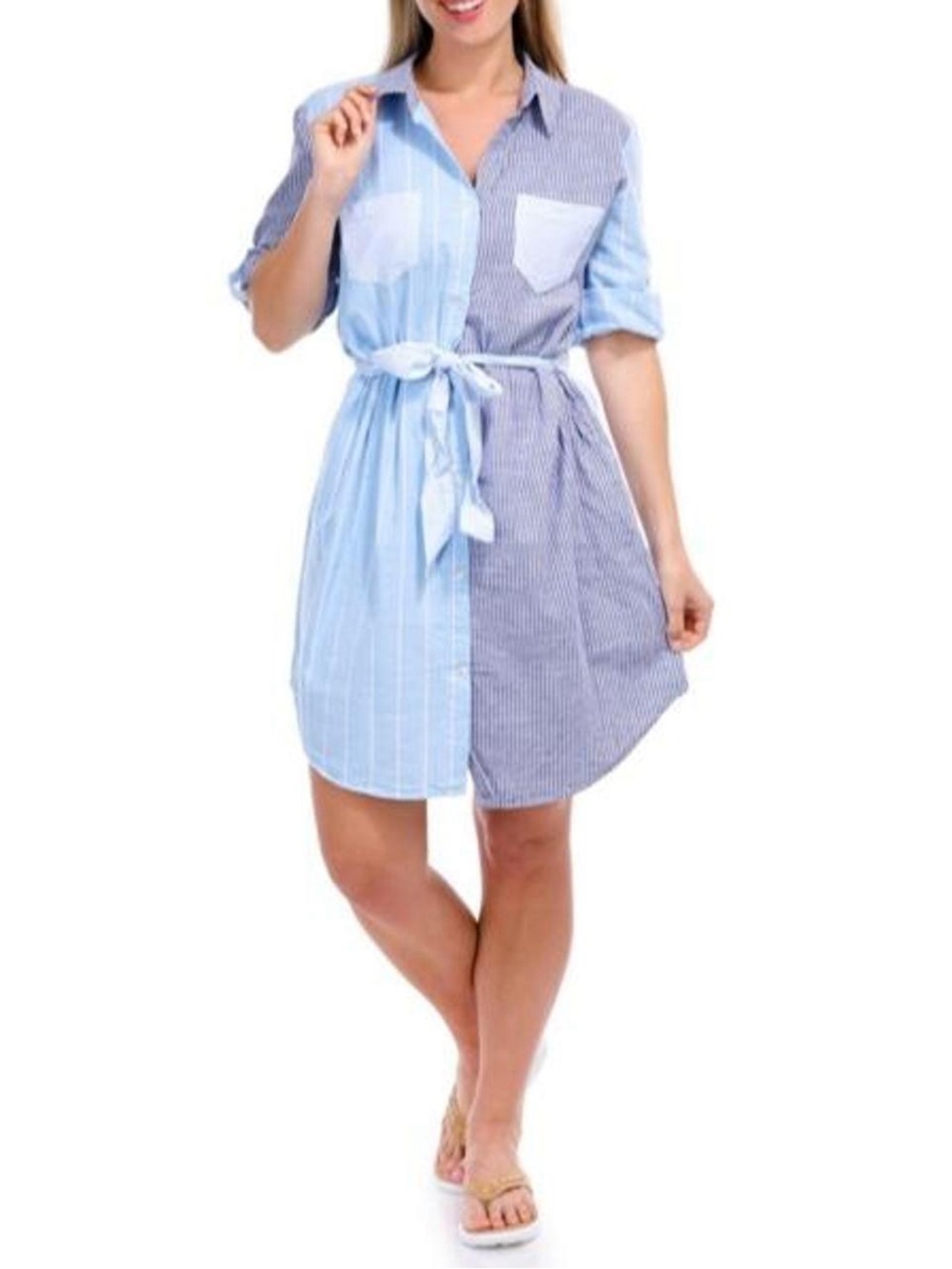 NWT Dash Women's Two-Tone Striped Shirt Dress - Light Blue & Navy Size M
